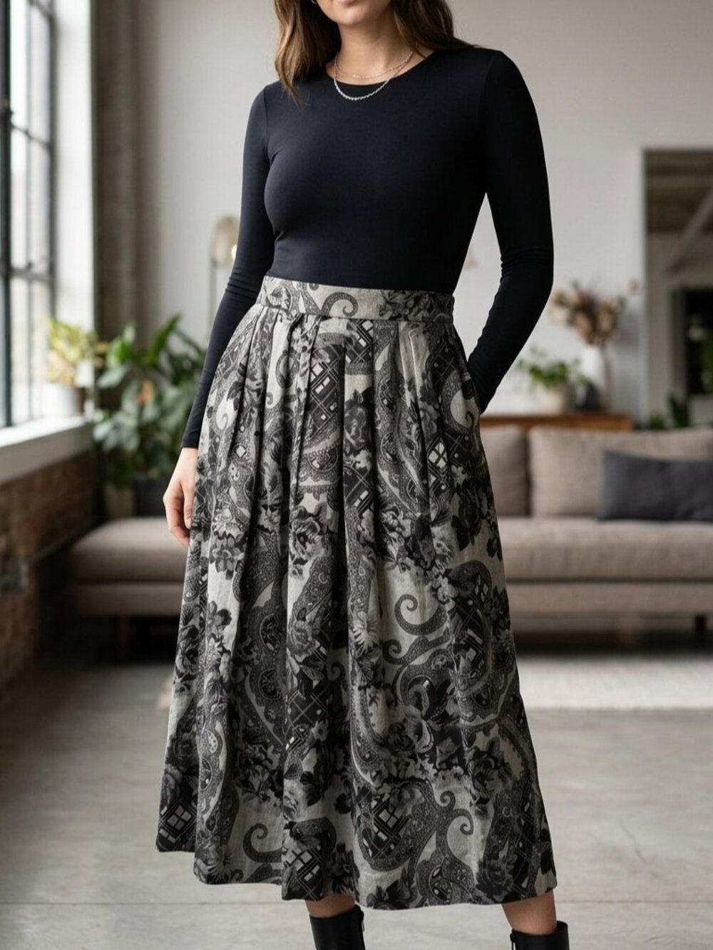 VTG Grey Paisley Wool Blend Midi Maxi Skirt Dark Academia Whimsygoth Grunge Vamp